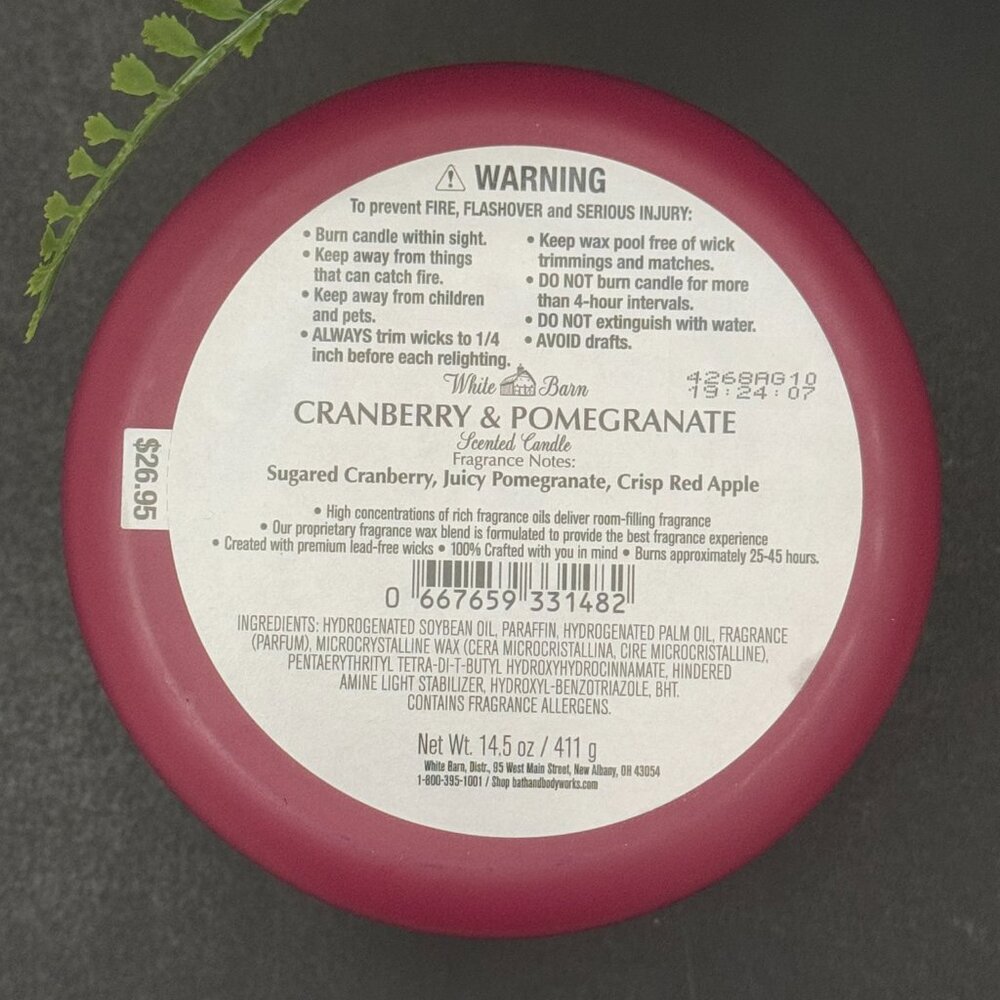 BBW Cranberry & Pomegranate White Barn Bath & Body Works 3 Wick Candle - Picture 10 of 10